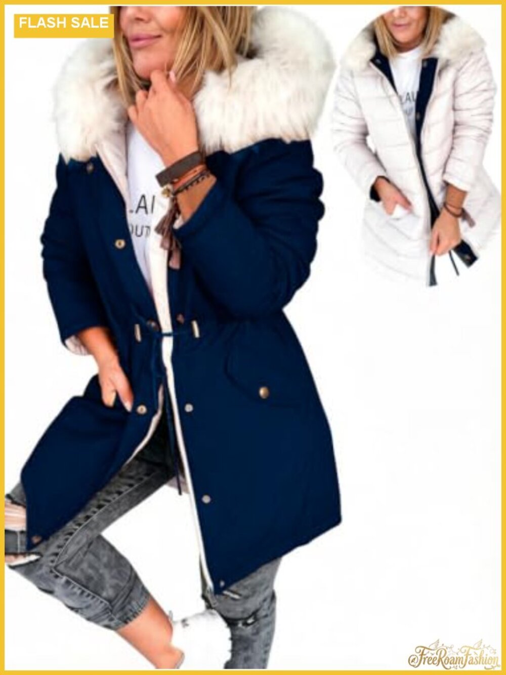 Reversible Women's Puffer Parka Long Sleeve Faux Fur Hood Waterproof Winter Coat